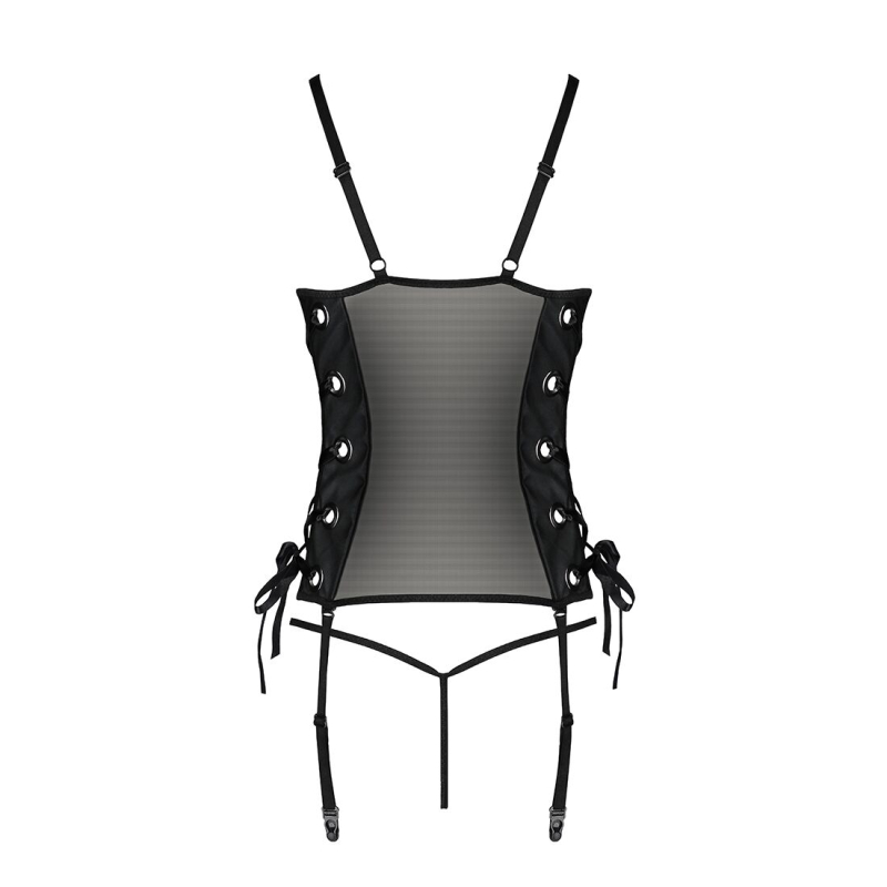 Сетчатый корсет с люверсами и съемными пажами Passion MALWIA CORSET S/M, черный цвет, экокожа, стринги