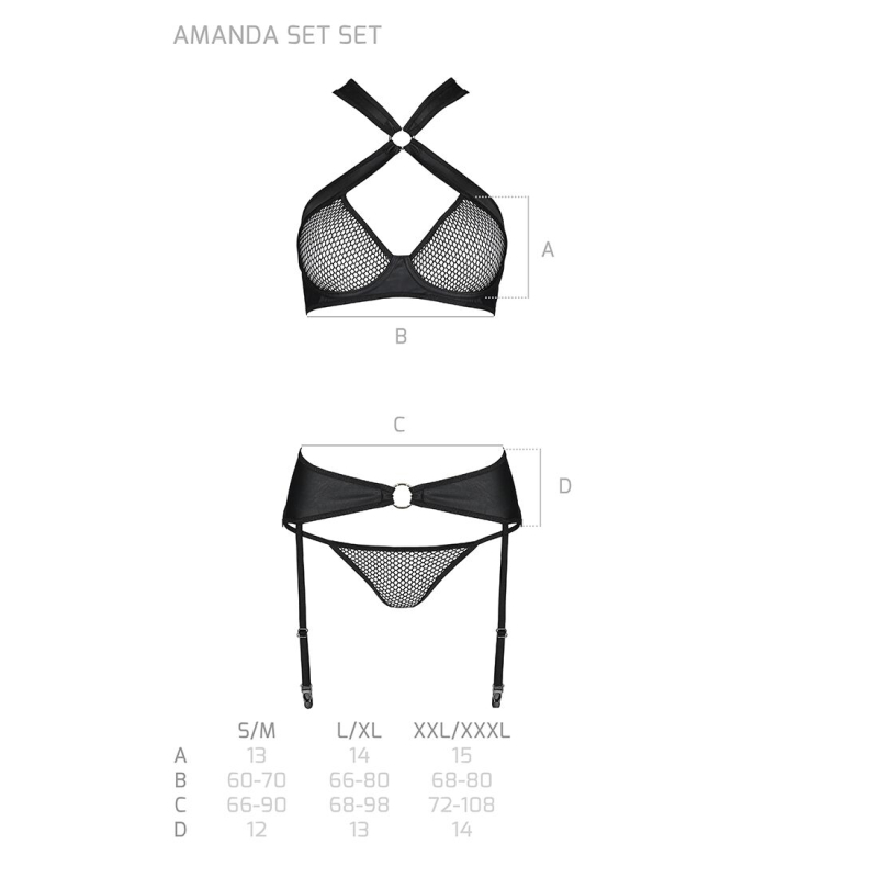 Сетчатый набор, бюстгальтер с халтером, трусики и пояс для чулок AMANDA SET L/XL, черный цвет