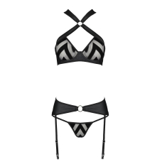 Сетчатый набор с узором, бюстгальтер, трусики, пояс для чулок Passion HIMA SET S/M черный цвет