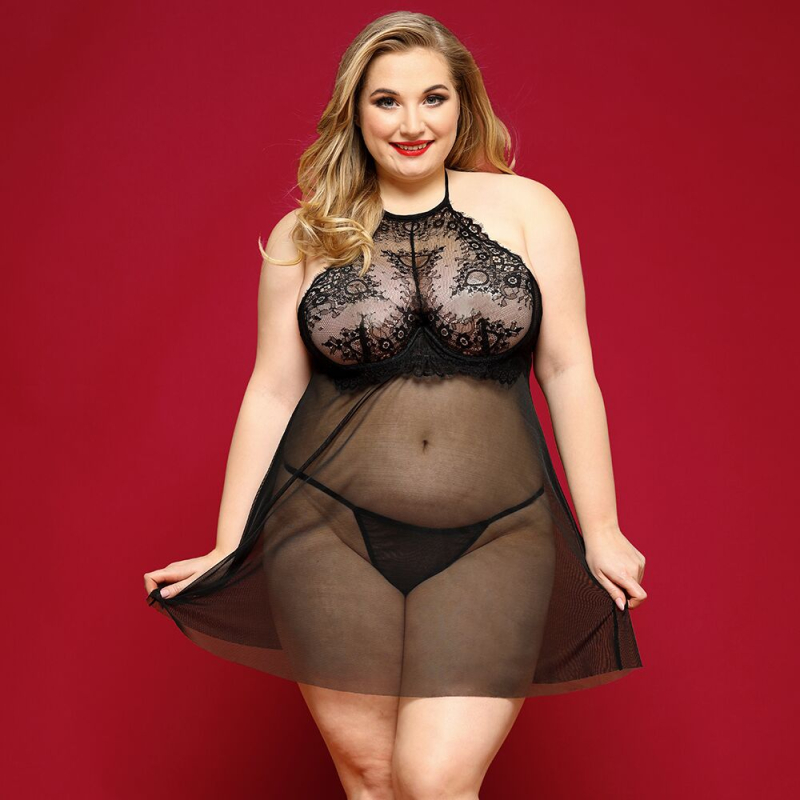 Сорочка бебі–дол JSY "Пристрасна Ліліт" Plus Size, Чорний колір, халтер, дрібна сітка, мереживо, стрінги