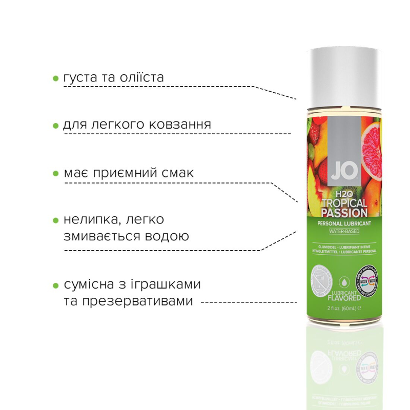 Змазка на водній основі JO H2O – Tropical Passion (60 мл) без цукру, рослинний гліцерин
