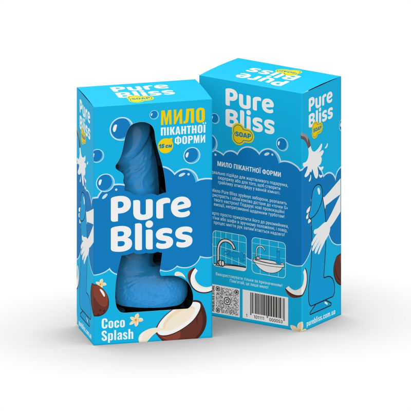 Ароматне мило у формі пеніса – Pure Bliss Coco Splash, 15 см, синього кольору, з ароматом кокосового молока
