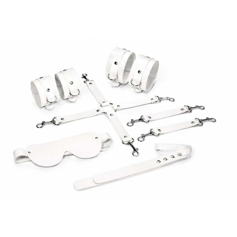 БДСМ-набір Feral Feelings BDSM Kit 5 білого кольору, падл, маска, хрестовина, наручники та поножі