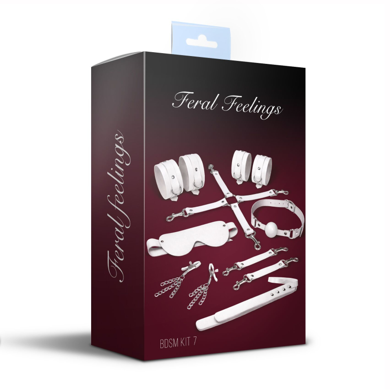 БДСМ-набір Feral Feelings BDSM Kit 7 білого кольору, маска, кляп, наручники, затискачі, падл, поножі та конектор