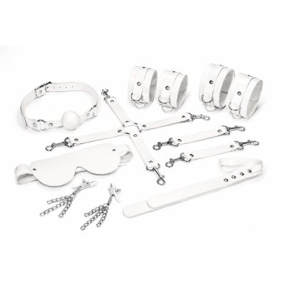 БДСМ-набір Feral Feelings BDSM Kit 7 білого кольору, маска, кляп, наручники, затискачі, падл, поножі та конектор