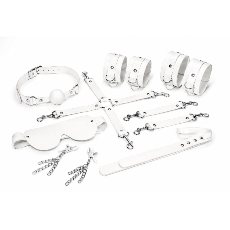 БДСМ-набір Feral Feelings BDSM Kit 7 білого кольору, маска, кляп, наручники, затискачі, падл, поножі та конектор