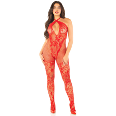 Бодістокінг із глибоким декольте – Leg Avenue Seamless Net and Lace Lingerie Jumpsuit, універсального розміру, червоного кольору