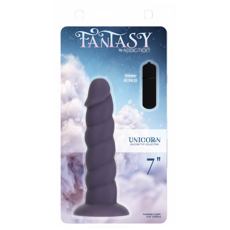 Фіолетовий ребристий фалоімітатор Unicorn з віброкулею в комплекті – Fantasy by Addiction, 14 см
