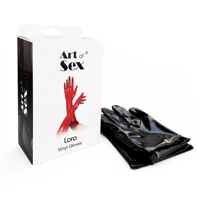 Глянсові вінілові рукавички – Art of Sex Lora, розмір M, чорного кольору з голографічним ефектом