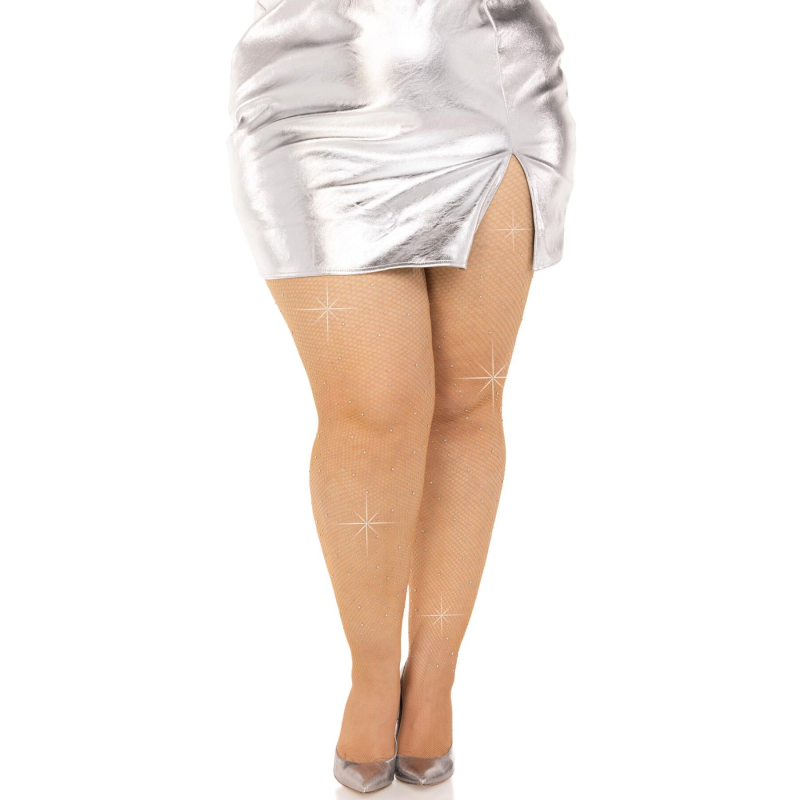Колготки в дрібну сітку зі стразами – Leg Avenue Rhinestone Micro Net Tights, розмір Plus Size, карамельного кольору