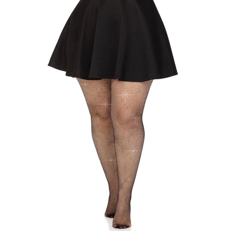 Колготки в дрібну сітку зі стразами – Leg Avenue Rhinestone Micro Net Tights, розмір Plus Size, чорного кольору
