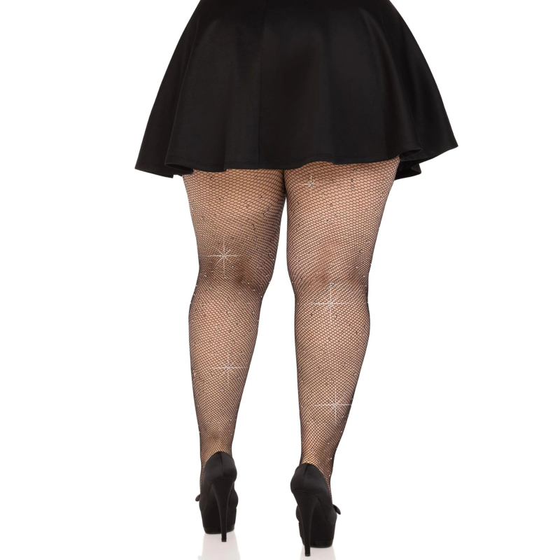 Колготки в дрібну сітку зі стразами – Leg Avenue Rhinestone Micro Net Tights, розмір Plus Size, чорного кольору