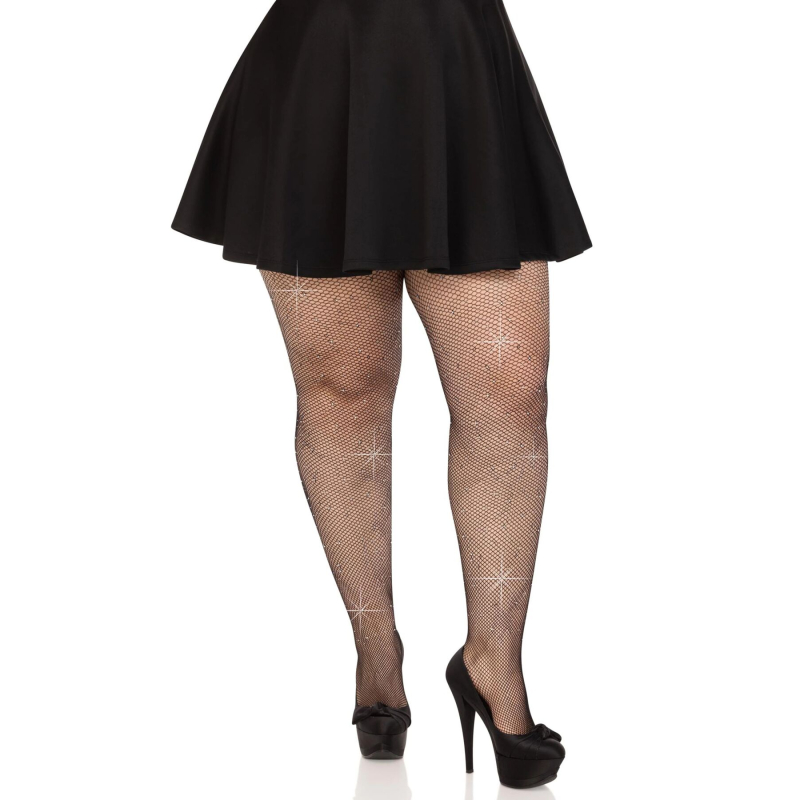 Колготки в дрібну сітку зі стразами – Leg Avenue Rhinestone Micro Net Tights, розмір Plus Size, чорного кольору
