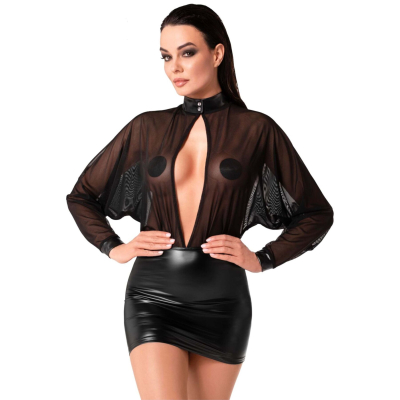 Мини-платье с прозрачным тюлевым верхом и юбкой из материала Powerwetlook – Noir Handmade F348, размер S