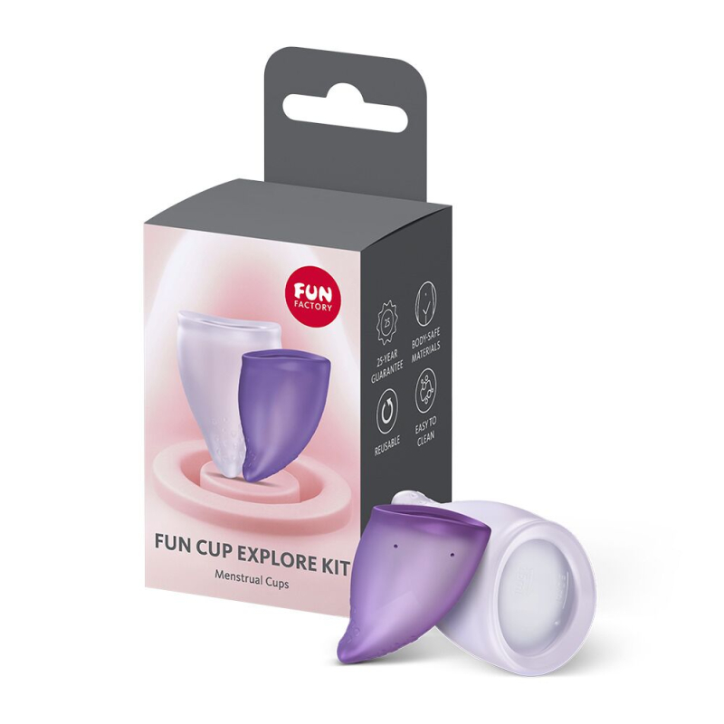 Набір багаторазових менструальних чаш – Fun Factory FUN CUP EXPLORE KIT, 2 шт., у фіолетових відтінках, об’єми 20 та 30 мл