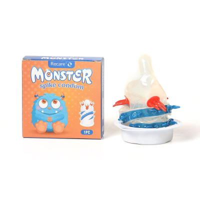 Насадка на член з вусиками та спіраллю шипів – Recare Blue Monster Spike Condom, синього кольору