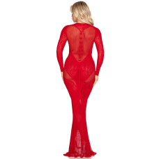 Обтисла сукня з мережива та сітки з довгими рукавами – Leg Avenue Lace and Net Bodycon Gown, розмір One Size, червоного кольору