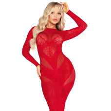 Обтисла сукня з мережива та сітки з довгими рукавами – Leg Avenue Lace and Net Bodycon Gown, розмір One Size, червоного кольору