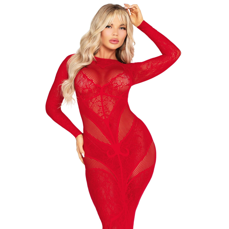Обтисла сукня з мережива та сітки з довгими рукавами – Leg Avenue Lace and Net Bodycon Gown, розмір One Size, червоного кольору