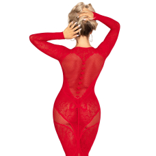 Обтисла сукня з мережива та сітки з довгими рукавами – Leg Avenue Lace and Net Bodycon Gown, розмір One Size, червоного кольору