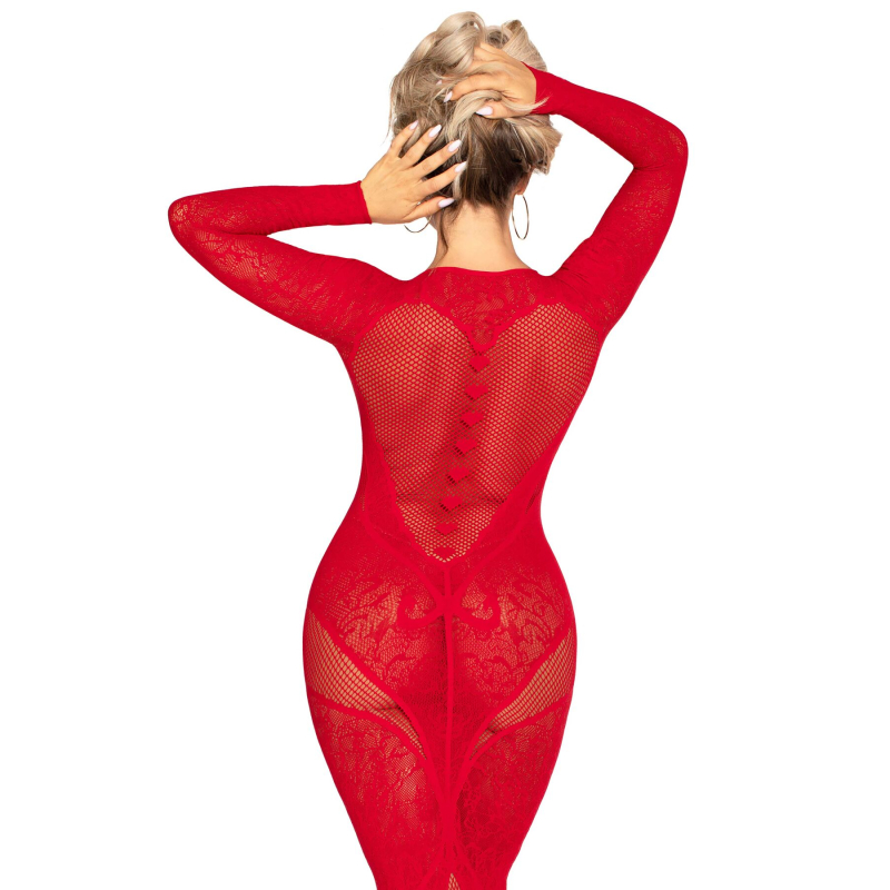 Обтисла сукня з мережива та сітки з довгими рукавами – Leg Avenue Lace and Net Bodycon Gown, розмір One Size, червоного кольору