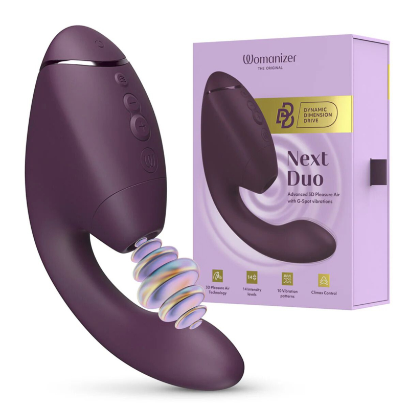 Двойной вакуумный клиторальный стимулятор с вибрацией и технологией 3D Pleasure Air – Womanizer Next Duo Dark Purple, 19,5 см