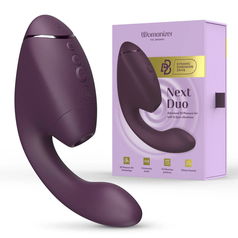 Двойной вакуумный клиторальный стимулятор с вибрацией и технологией 3D Pleasure Air – Womanizer Next Duo Dark Purple, 19,5 см