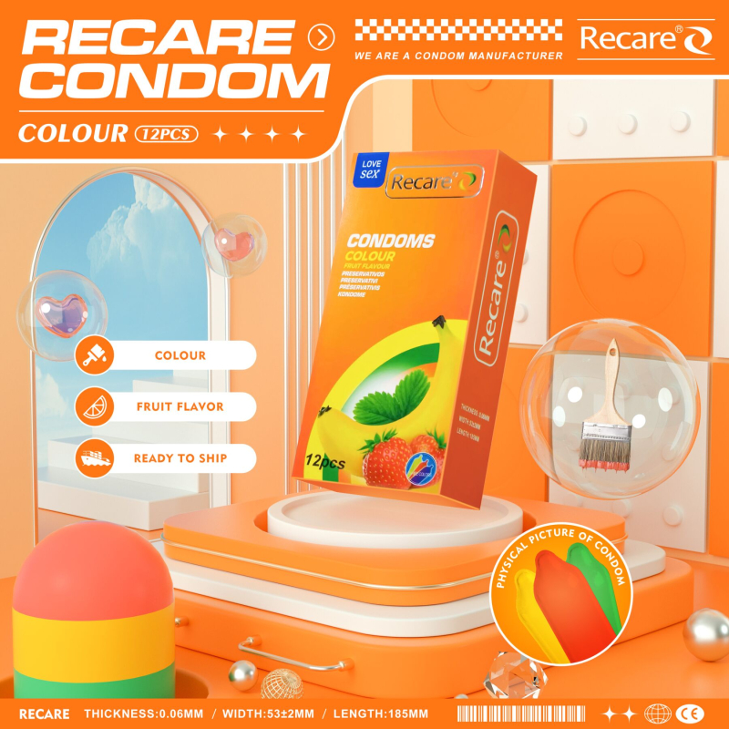 Презервативы с фруктовыми ароматами – Recare Color Fruit Flavour Condoms, 12 шт., мята, банан и клубника