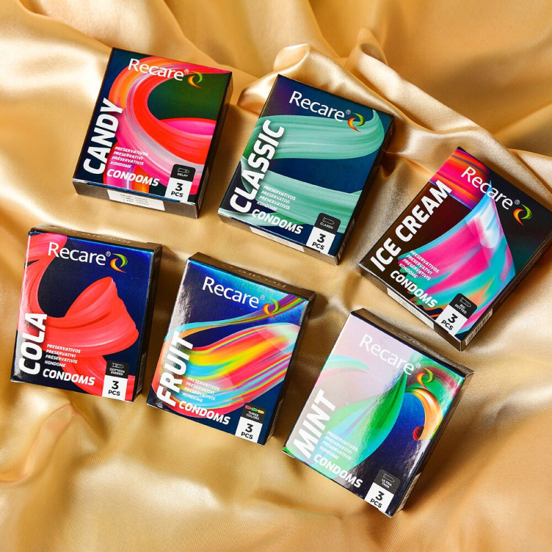 Презервативы с фруктовыми ароматами в голографической упаковке – Recare Holographic Fruit Flavour Condoms, 3 шт., мята, банан и клубника
