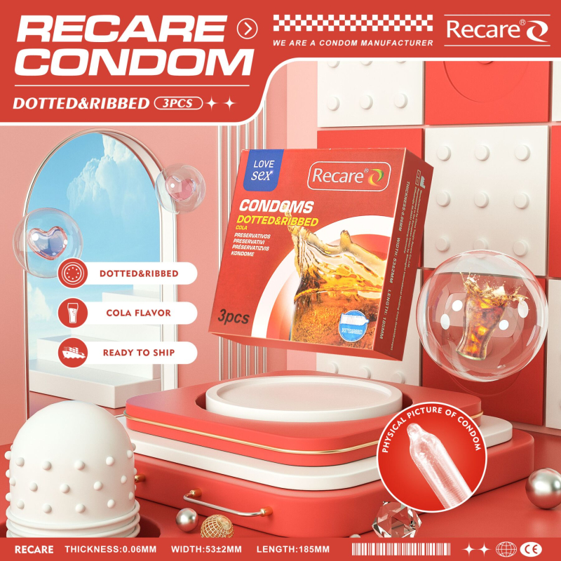 Ребристые презервативы с пузырьками – Recare Cola Dotted & Ribbed Condoms, 3 шт., с ароматом колы