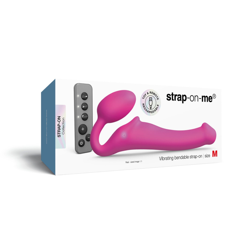 Регульований безремінний страпон з вібрацією – Strap-On-Me Vibrating Fuchsia M, діаметр 3.8 см, з пультом ДК