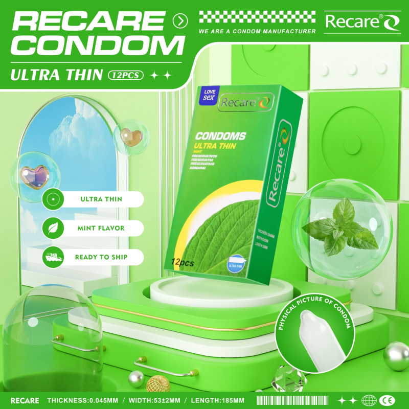 Ультратонкі презервативи – Recare Ultra Thin Mint Condoms, 12 шт., з ароматом м’яти