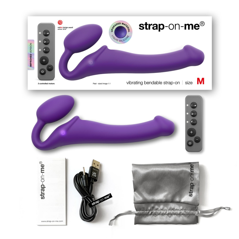 Безремінний страпон з вібрацією Strap-On-Me Vibrating Violet M, діаметр 3,3 см, пульт ДК, регульован