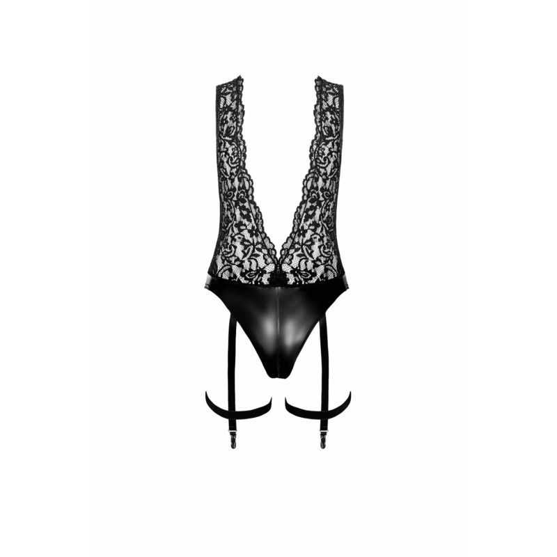 Боді Noir Handmade F297 Libido Deep–V bodysuit with collar, pearl chain and garter – 3XL