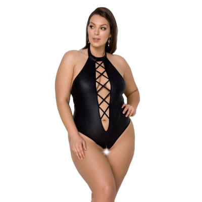 Боді з екошкіри Passion NANCY BODY 4XL/5XL Чорний, з імітацією шнурівки та відкритим доступом