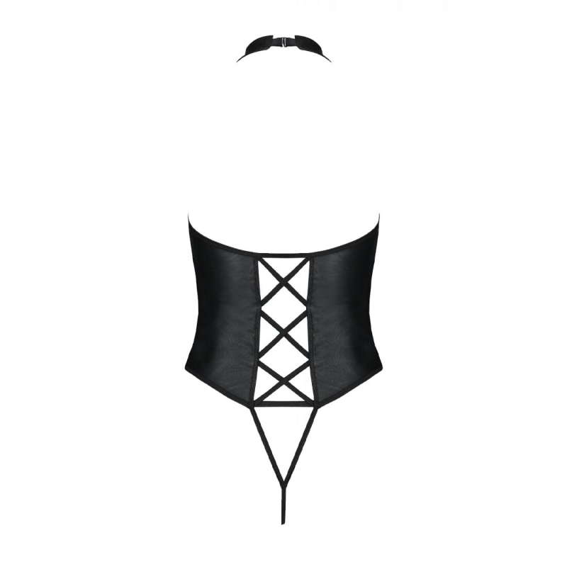 Боди из эко-кожи Passion NANCY BODY 4XL/5XL Черный, с имитацией шнуровки и открытым доступом