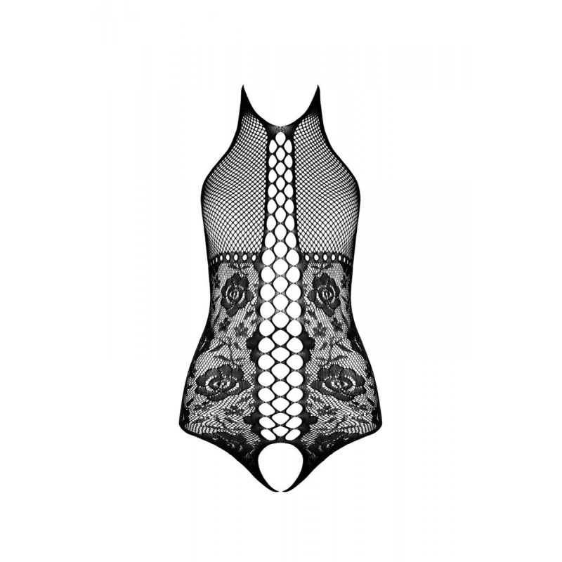 Бодистокинг с имитацией корсетной шнуровки Passion BS094 One Size, черный цвет, цветочный узор, с доступом