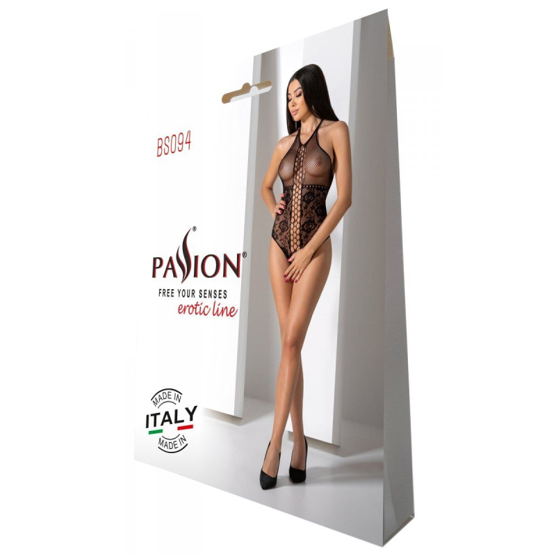 Бодистокинг с имитацией корсетной шнуровки Passion BS094 One Size, черный цвет, цветочный узор, с доступом