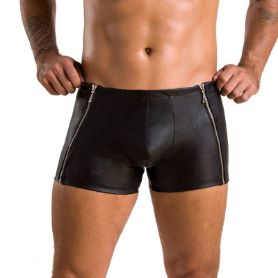 Чоловічі шкіряні боксери з блискавками Passion 049 SHORT MATT 2XL/3XL Чорний колір