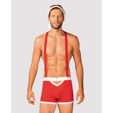 Чоловічий еротичний костюм Санта–Клауса Obsessive Mr Claus L/XL, боксери на підтяжках, шапочка з помпами – червоний/білий