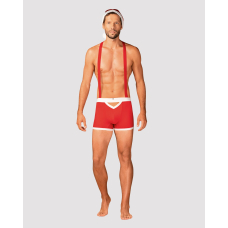 Чоловічий еротичний костюм Санта–Клауса Obsessive Mr Claus L/XL, боксери на підтяжках, шапочка з помпами – червоний/білий