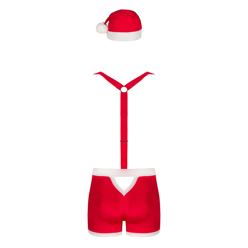 Чоловічий еротичний костюм Санта–Клауса Obsessive Mr Claus L/XL, боксери на підтяжках, шапочка з помпами – червоний/білий