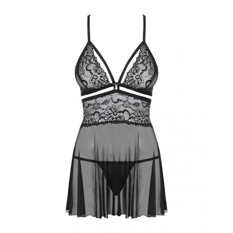 Еротичний мереживний комплект із сіточкою Obsessive 838–BAB–1 babydoll & thong Чорний L/XL, чорний, п