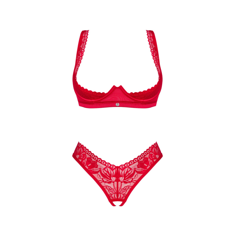 Комплект белья Obsessive Lacelove cupless 2–pcs set XS/S Красный, открытый доступ, открытые груди