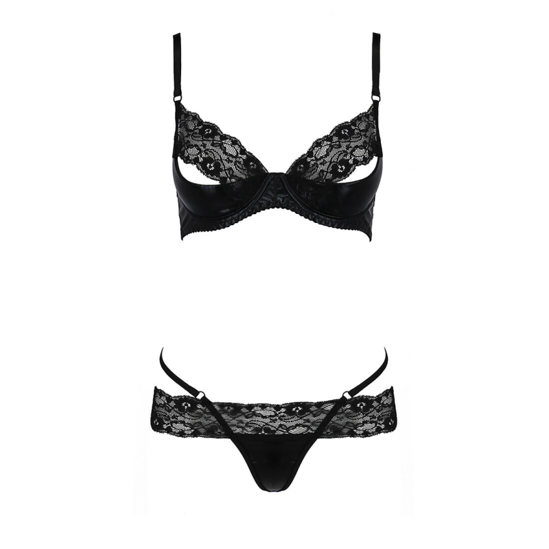Комплект білизни Passion Exclusive NORTH SET L/XL, чорний колір, ліф і трусики з елементами під латекс