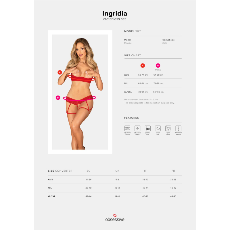 Комплект Obsessive Ingridia 2–pcs crotchless set M/L, червоний, з доступом, відкриті груди