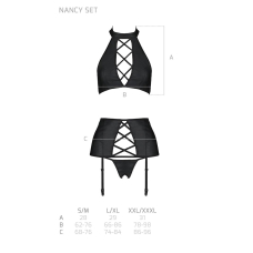 Комплект з еко–шкіри з імітацією шнурівки Passion NANCY SET S/M Чорний топ, трусики, пояс для панчіх