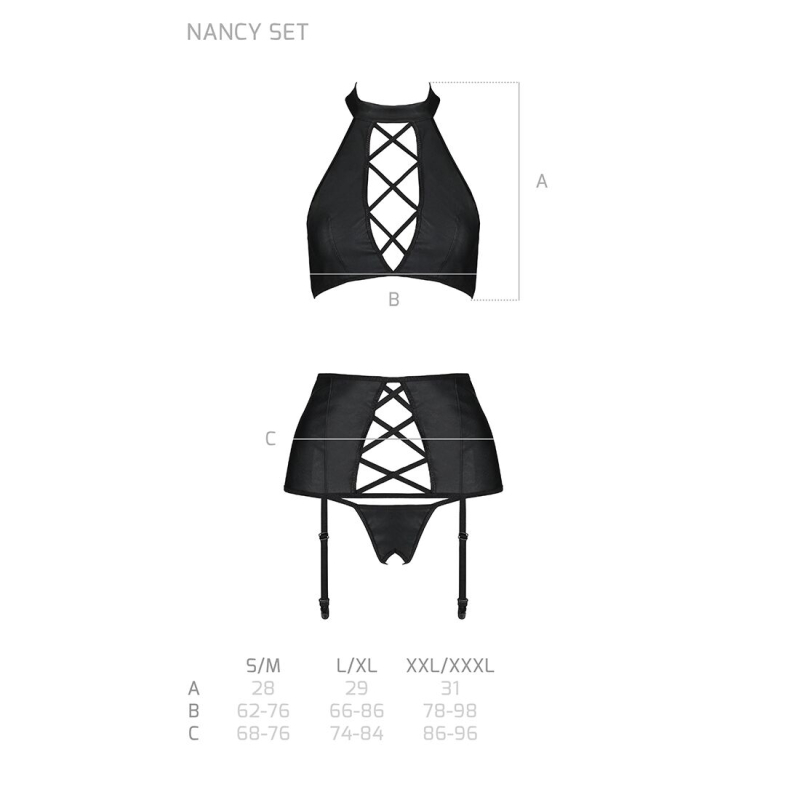 Комплект з еко–шкіри з імітацією шнурівки Passion NANCY SET S/M Чорний топ, трусики, пояс для панчіх