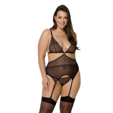 Корсет із пажами Passion AMBERLY CORSET 4XL/5XL, чорний колір, асиметричний крій, мережива, стрінги