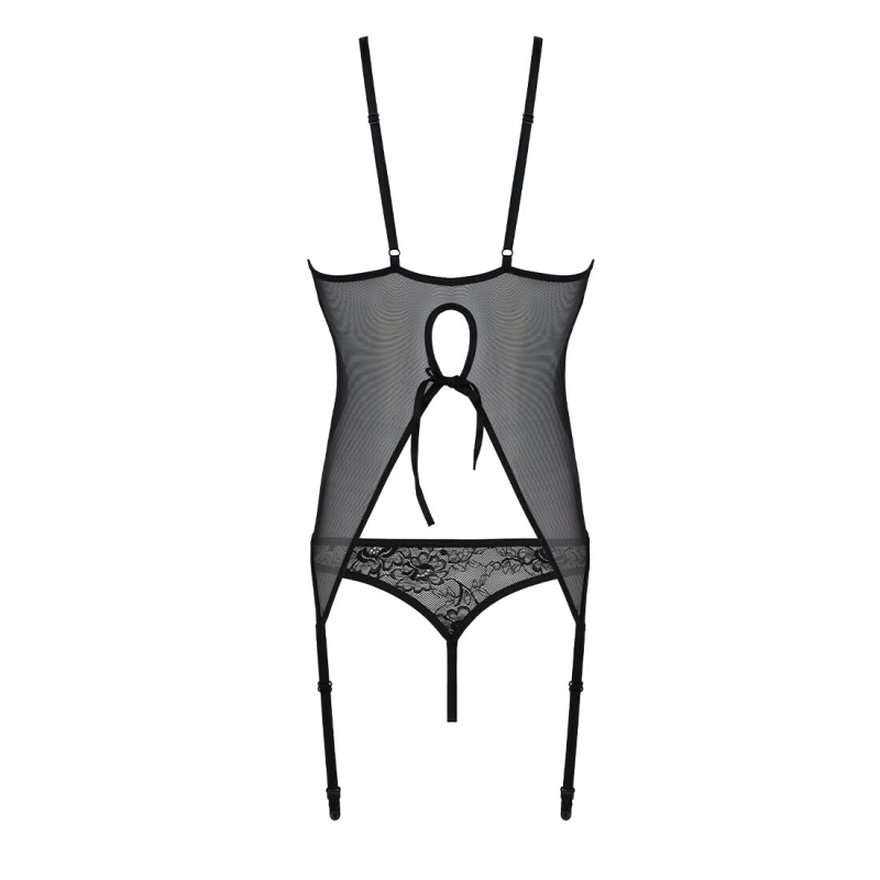 Корсет із пажами, трусики з ажурним декором та відкритим кроком Passion URSULA CORSET L/XL, чорний колір